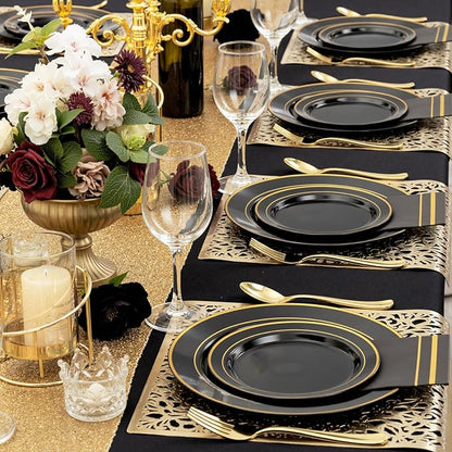 NOCCUR 200PCS Black and Gold Plastic Plates for 100 Guests - Include 100PCS 10" Dinner/ 100PCS 7" Dessert Disposable Plates Heavy Duty - Ideal for Party/Birthday/New Year