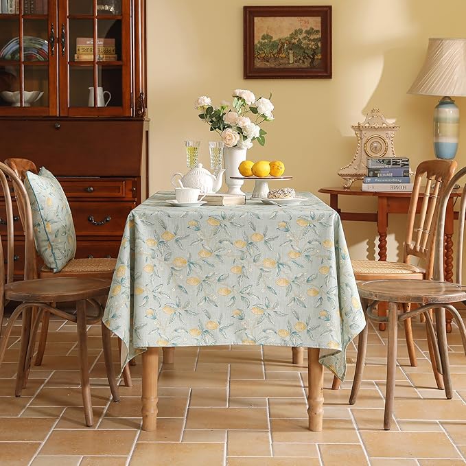patdrea Designer Linen Green Long Tablecloth for Rectangle Table,Vintage Breathable Yellow Fruits Pattern Table Cloth,Decor Cover for Kitchen Dining,Christmas,Thanksgiving,Party,63"x102"-Ania a