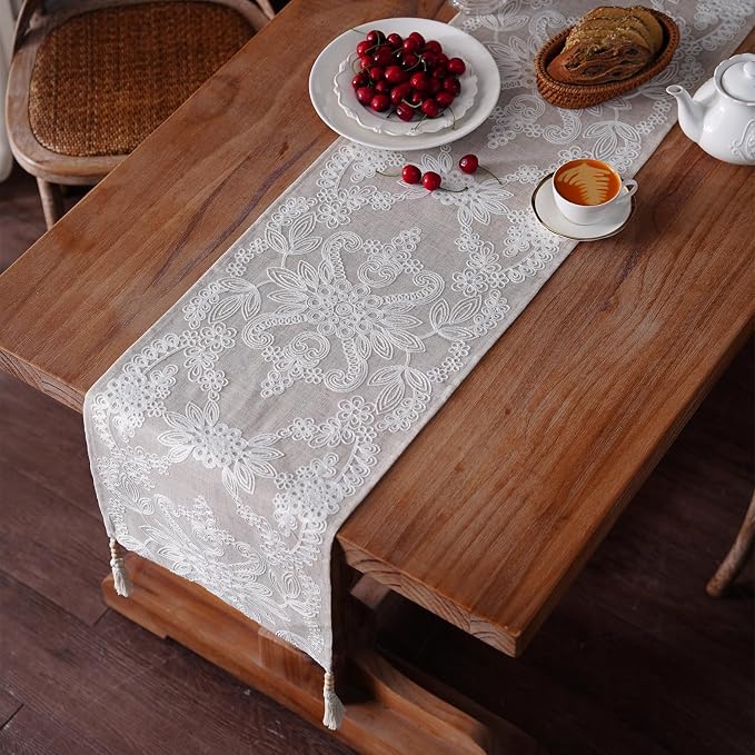 Embroidered Table Runner Boho Farmhouse Dresser Scarf, 4 Tassel Pendants - Image 4