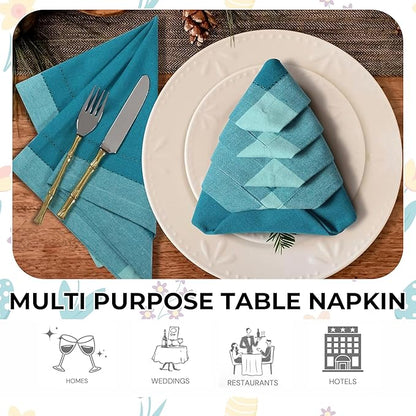Bedding Craft Cotton Cloth Dinner Napkins Set of 12 – 20x20 Teal Multi Double Hemstitched – Machine Washable Reusable Fabric Napkins for Weddings & Dinner Tables