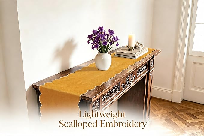 100% Natural Linen Rustic Scalloped Embroidery Table Runner 90 Inches Long - Image 3