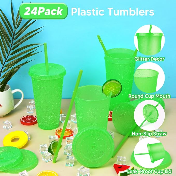 24 Pack Plastic Tumblers With Lids and Straws, Reusable Colorful Cups - Image 3