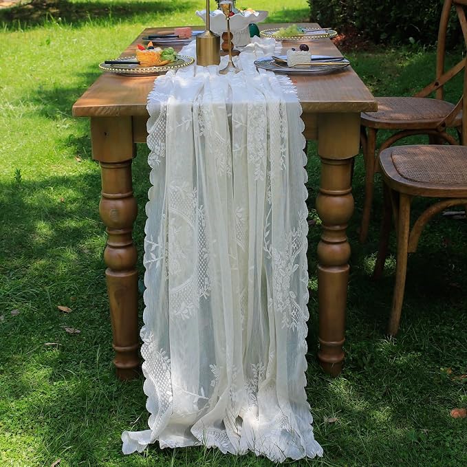 vctops White Lace Table Runner 120 inch 10FT Floral Embroidered Boho Farmhouse by vctops