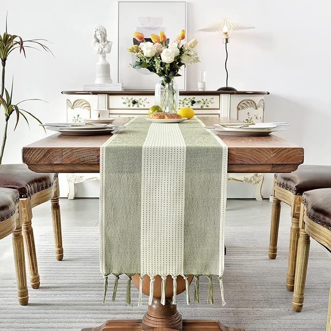 Wracra Linen Table Runner, Stripe Table Runners 72 Inches Sage Green | Delicate - Image 4