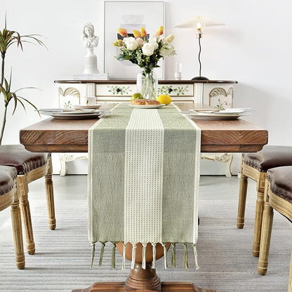 Wracra Linen Table Runner, Stripe Table Runners 72 Inches Sage Green | Delicate - Image 4