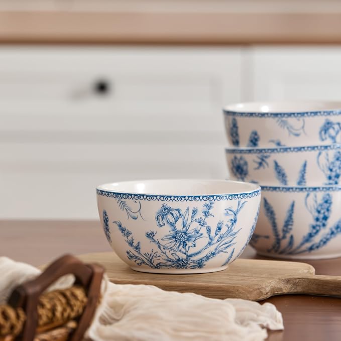 Bico Blue Garden Toile De Jouy Cereal Bowls Set of 4, 26 oz Deep Ceramic Soup - Image 5