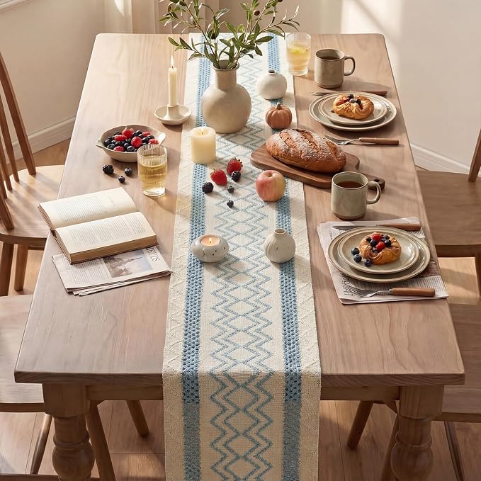 Artoid Mode Sky Blue Stripe Diamond Woven Table Runner 12x72 Inch | Holiday - Image 4