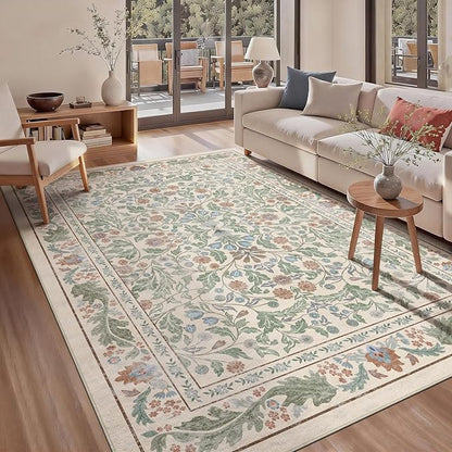 Beige Floral 5x7 Area Rugs for Living Room Large Washable Rug Vintage Forest Low Pile Non Slip Stain Resistance Soft Carpet for Dining Room, Bedroom, Office Rug, Kids Room, Nursery Room, Playroom