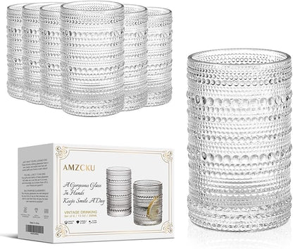 Amzcku Vintage Highball Drinking Glass Set of 6 Kitchen Glasses Cup（13 OZ），for Water，Cocktail，Milk，Juice and Beverage.…