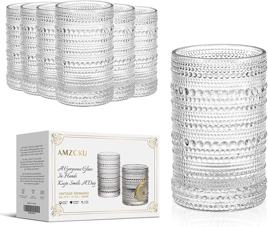 Amzcku Vintage Highball Drinking Glass Set of 6 Kitchen Glasses Cup（13 OZ），for Water，Cocktail，Milk，Juice and Beverage.…