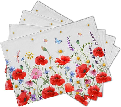 Red Poppy Floral Spring Place Mats Set of 4,Summer Flowers Leaves Place Mats Seasonal Table Mats for Party Kitchen Dining Decoration 12x18 Inch