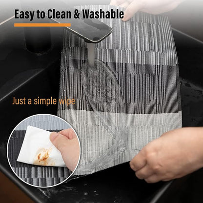 Winknowl Placemats Set of 6, Heat Resistant Non-Slip Vinyl Woven Table Mats for Dining Table, Washable Durable Elegant Place Mats for Kitchen Indoor/Outdoor Use (Black)
