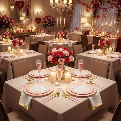 WDF 30Guest Pink Plates Disposable - Hign-end Baroque Design - Gold Plastic Silverware with Handle-Baroque Pink &Gold Plastic Dinnerware for Valentine's Day/Wedding