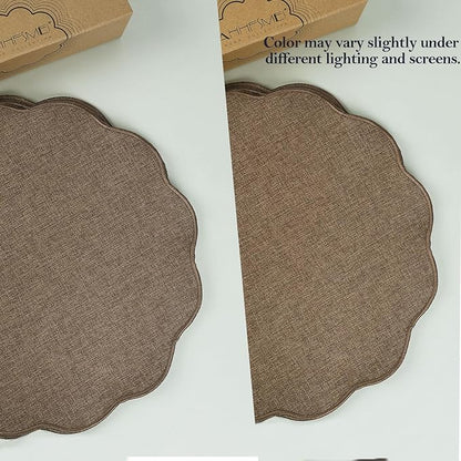 AHHFSMEI Round Faux Linen Placemats Set of 6 Waterproof Table Mats Heat Resistant Non-Slip and Stain Proof for Kitchen Dining Elegant Decor (Brown,6)