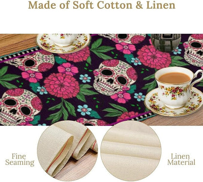 YCness Dia De Los Muertos Table Runner Red Floral Cinco De Mayo Rustic Linen - Image 7