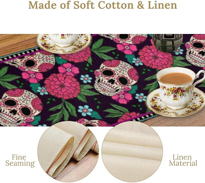 YCness Dia De Los Muertos Table Runner Red Floral Cinco De Mayo Rustic Linen - Image 7