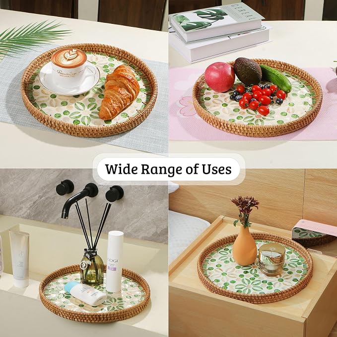 Round Rattan Tray with Mother of Pearl Inlay, Decorative Wicker Serving Tray - Image 4