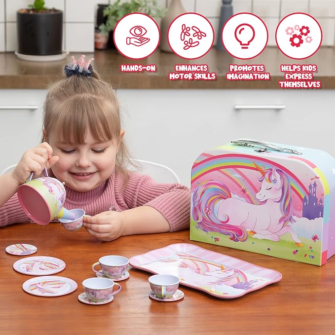 JOYIN Unicorn Tea Party Set for Little Girls, Pretend Pink Tin Teapot Set - Image 5