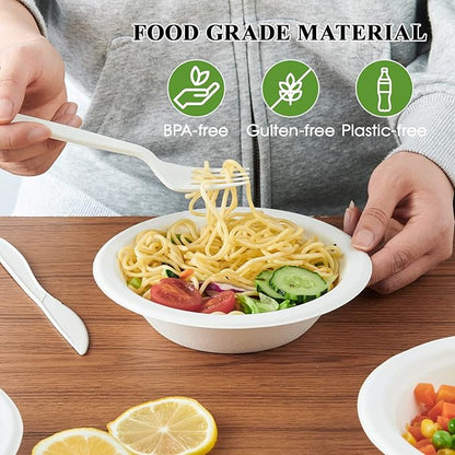 ECOLipak 150 Pack Compostable Disposable Paper Bowls, 12 OZ Heavy duty Biodegradable Eco Friendly Sugarcane Bagasse Bowls Great for Soup, Salad, Milk Cereals