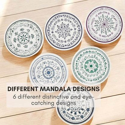 Ceramic Absorbent Mandala Coasters Set of 6 with Holder, Marble Drink Coasters for Coffee Table, Water-Absorbing Stone Coasters (Zen)