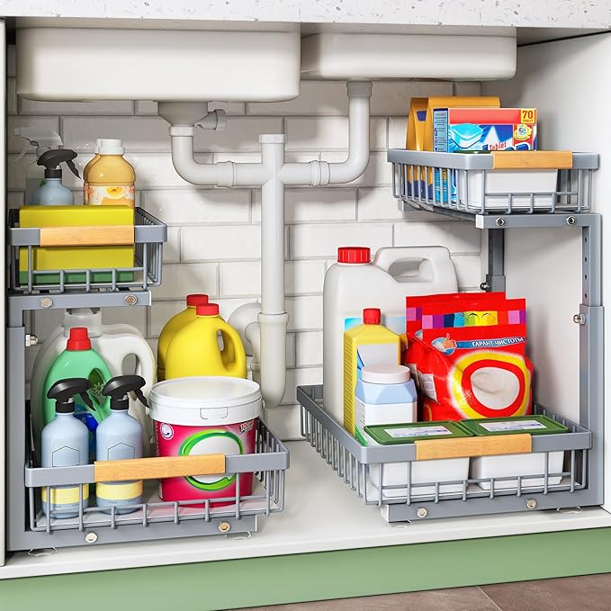 Pull out Cabinet Organizer, 1 Pack Under Sink Organizer, Slide out Metal Kitchen Cabinet Organizers Drawer Shelf, Sliding Storage Shelves for Kitchen Bathroom Pantry Closet Organization Rack(Grey)