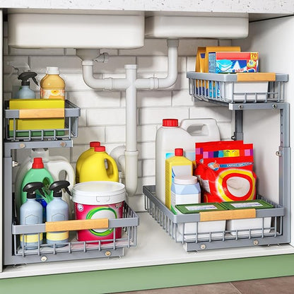 Pull out Cabinet Organizer, 1 Pack Under Sink Organizer, Slide out Metal Kitchen Cabinet Organizers Drawer Shelf, Sliding Storage Shelves for Kitchen Bathroom Pantry Closet Organization Rack(Grey)