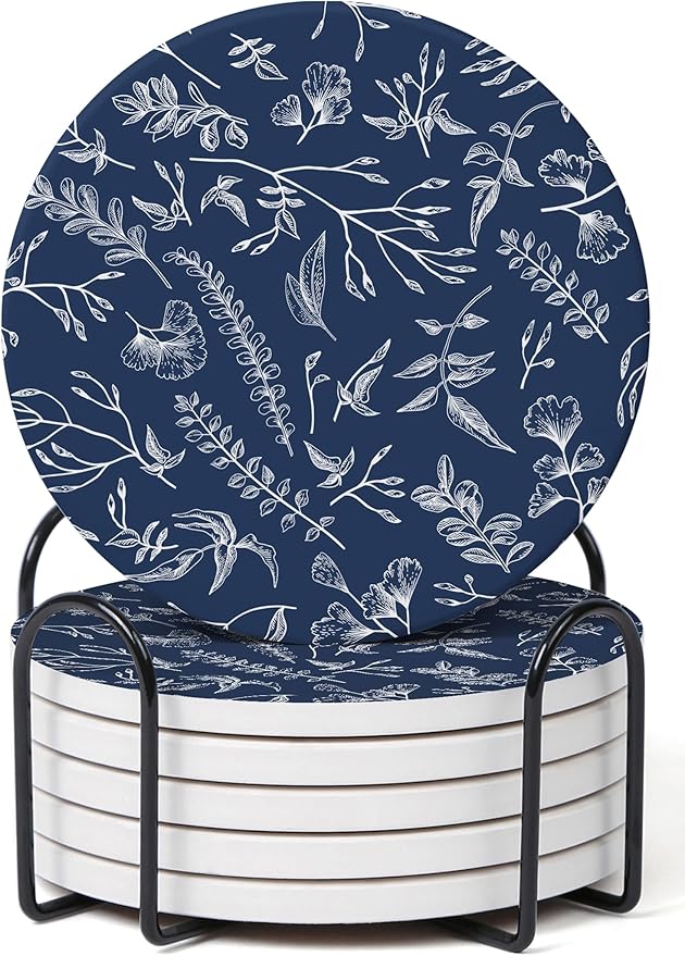 Set of 6 Floral Navy Blue Coasters by Hoomey