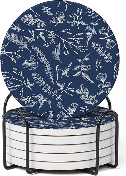 Set of 6 Floral Navy Blue Coasters by Hoomey