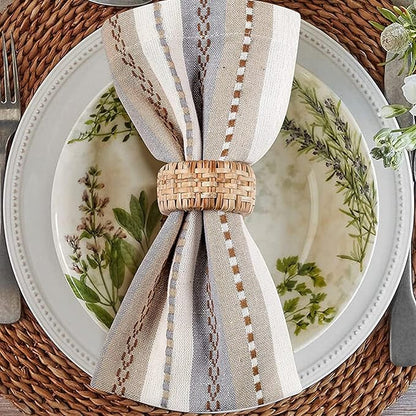 Multi Color Stripes Cotton Hemstich Napkin, Decorative Wedding Cocktail Mashine Washable Dinner Napkins with Mitered Corners - Pack of 12-18x18 Inch - Ivory Multi