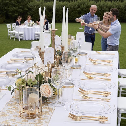 KIRE 210Pcs Clear and Gold Plastic Plates - Heavy Duty Clear Plates with Gold Rim - Disposable Dinnerware Sets of 60 Plastic Plate 90 Silverware 30 Cups 30 Napkins for Wedding/Thanksgiving Parties