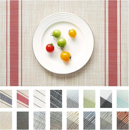 Placemats Set of 12 Vinyl/Plastic Woven Place Mats for Kitchen Table Indoor/Outdoor Washable Placemat Wipeable Dining Table Mats (Khaki Red,12)