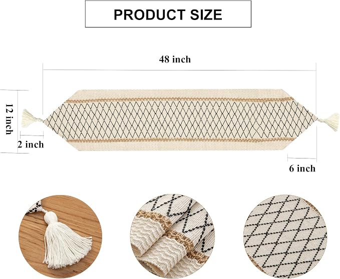 Table Runner, Boho Style with Tassels, Cotton & Linen, Farmhouse Home Decor - Image 2