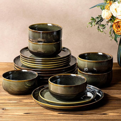 Ceramic Dinnerware Set for 6, 18-Piece Plates and Bowls Set | Handmade Reactive by TheTerra