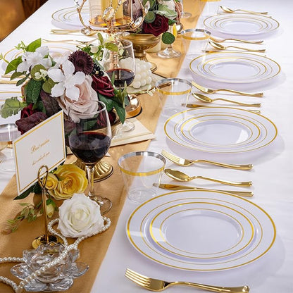 WELLIFE 600 PCS Gold & White Disposable Dinnerware Set for 100 Guests — White Plastic Plates with Gold Rim, Dinner & Salad Plates, Cups, Forks, Knives & Spoons for Weddings & Elegant Events