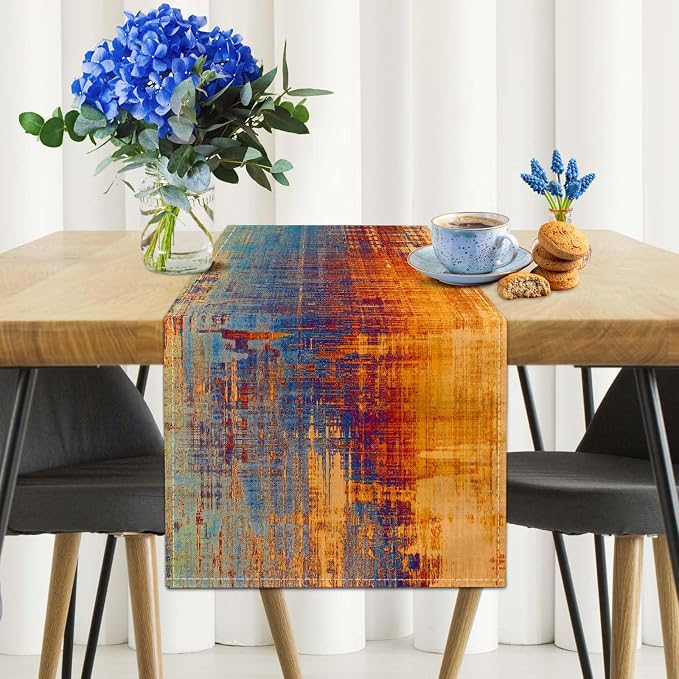 Orange and Blue Table Runner Modern Abstract Messy Rust Painting Linen Dresser - Image 2