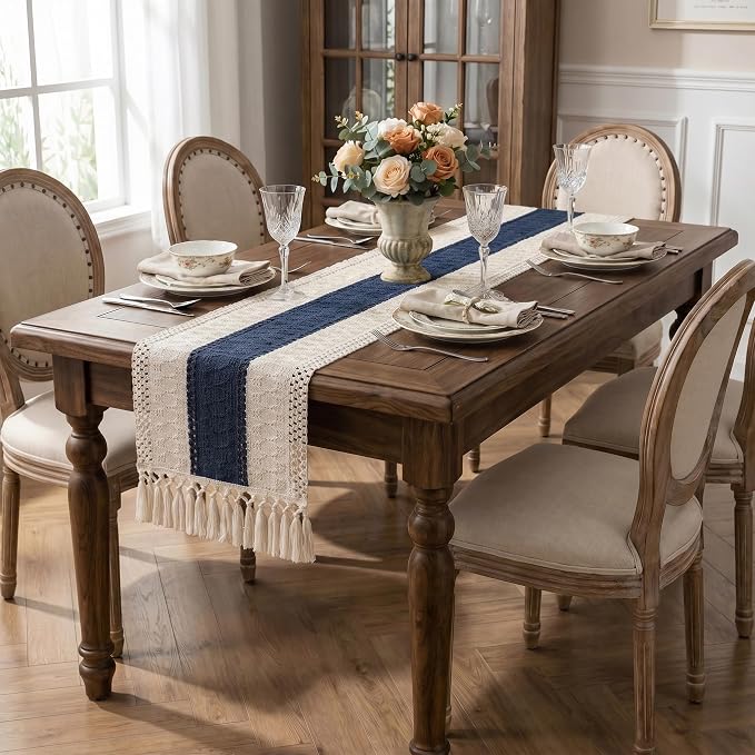 Boho Macrame Table Runner with Tassels 36in Blue Farmhouse Runner | Macrame - Image 3