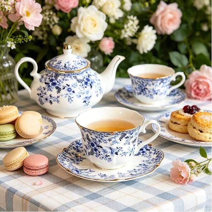 Vintage Porcelain Floral Tea Set — 22oz Teapot + 2 Tea Cup & Saucer Sets + 2 - Image 4