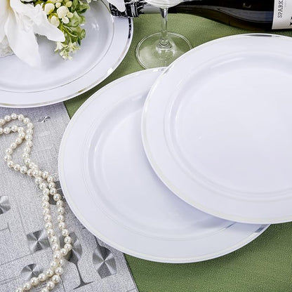 bUCLA 30PCS Silver Plastic Dinner Plates - Premium Heavy Duty 10.25inch Silver Disposable Party Plates, White and Silver Plastic Plates for Wedding & Christmas