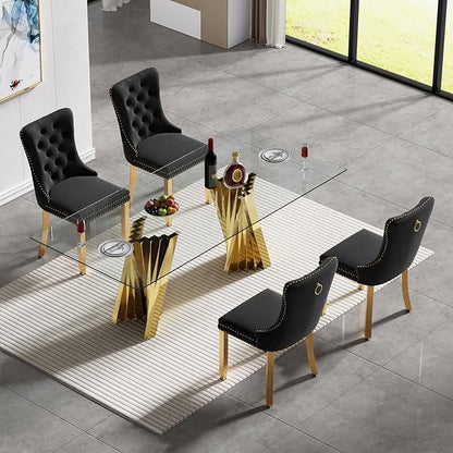 5 Piece Glass Dining Table Set,70" Dinner Room Glass Table Set for 4,Modern Kitchen Dinner Table Set with Stainless Steel Base and 4 Upholstered Velvet Dining Chairs for Living Dining Room