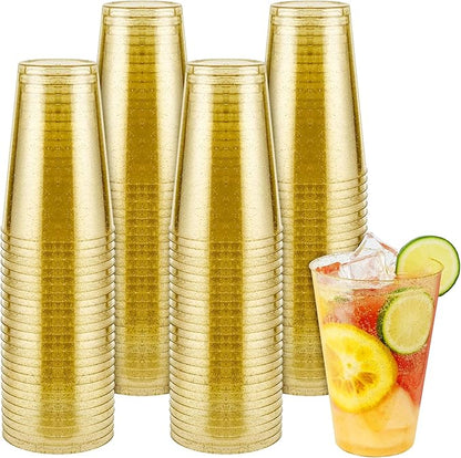 14oz Gold Glitter Plastic Cups, 100pcs Gold Cups Disposable, Elegant Plastic Cocktail Glasses, Fancy Party Cups for Wedding, Birthday, Holiday