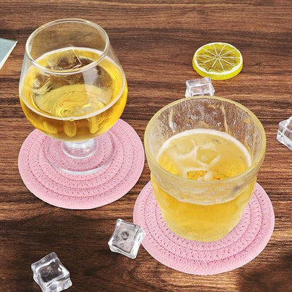 ABenkle 8 Pcs Drink Coasters with Holder, Cotton Woven Absorbent Coasters for Drinks, Minimalist Home Decor Coaster Set for Wooden Tabletop Protection Table, 4.3 inches Bright Pink