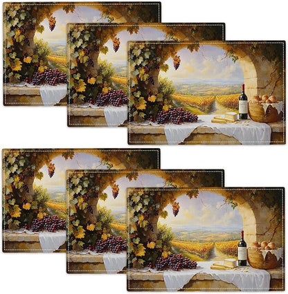 Wine Placemats Set of 6, French Country Grape Place Mats, Grapes Waterproof Washable Table Mats for Home Party Indoor Kitchen Dining Table Decoration 12x18 Inch