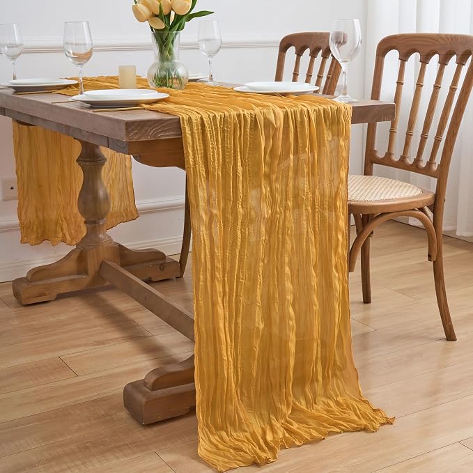 Asee'm 2pcs Gold Yellow Cheesecloth Table Runner Summer 10FT Rustic Gauze | - Image 7
