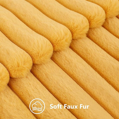 decorUhome Cozy Faux Fur Throw Pillow Covers 12x20 Set of 2 Decorative Soft Plush Striped Lumbar Modern Farmhouse Boho Couch Pillow Cases with Velvet Back for Sofa Bed Living Room, Mustard Yellow
