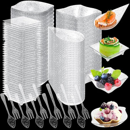 Tessco 800 Pcs Mini Appetizer Plates Set Including 400 Disposable Dessert Plates Assorted Shape 200 Mini Plastic Forks 200 Plastic Spoons for Party(Clear, Silver,Classic)