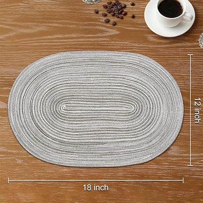 Noctiflorous Oval Braided Placemats Set of 6 Woven 12x18 Inch Non Slip Washable Heat Resistant Place Mats Round Tablemats for Dining Kitchen Party Daily Table Decor Dinner Mats (Gray, 6)