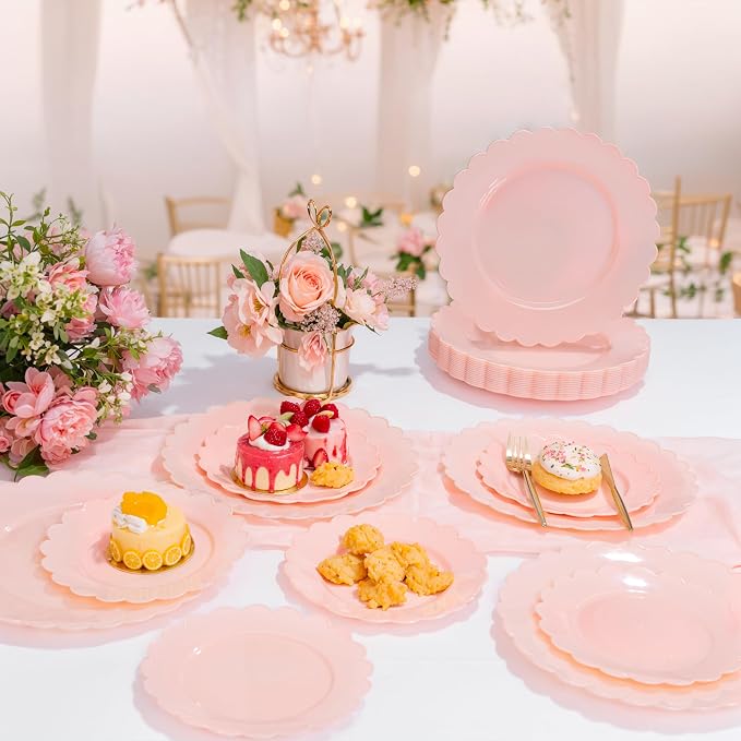 100Pcs Pink Plastic Plates Set for Party, Scalloped Fancy Plates | Heavy Duty - Image 4