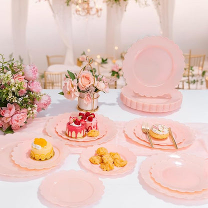 100Pcs Pink Plastic Plates Set for Party, Scalloped Fancy Plates | Heavy Duty - Image 4