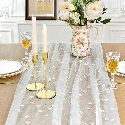 Table Runner 10FT Gauze Elegant Tea Party Decor Pastel Embroiderey | Pink Sheer - Image 2
