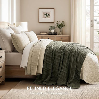 EVERGRACEHOME Chunky Chenille Knit Throw Blanket for Couch, Soft Luxurious Oversized King Moss Stitch Blanket for Bed, Large Cozy Farmhouse Knitted Throw for Sofa, Olive Green, 92" x 108"